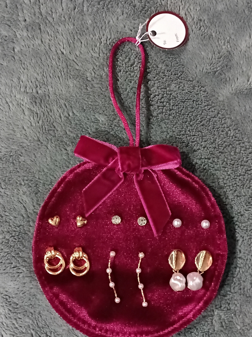 Velvet Jewelry Pouch with Gold & Pearl Stud Earrings - Wine Burgundy